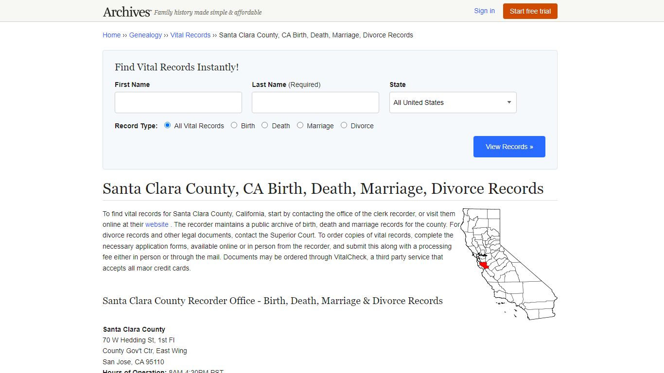 Santa Clara County, CA Birth, Death, Marriage, Divorce Records